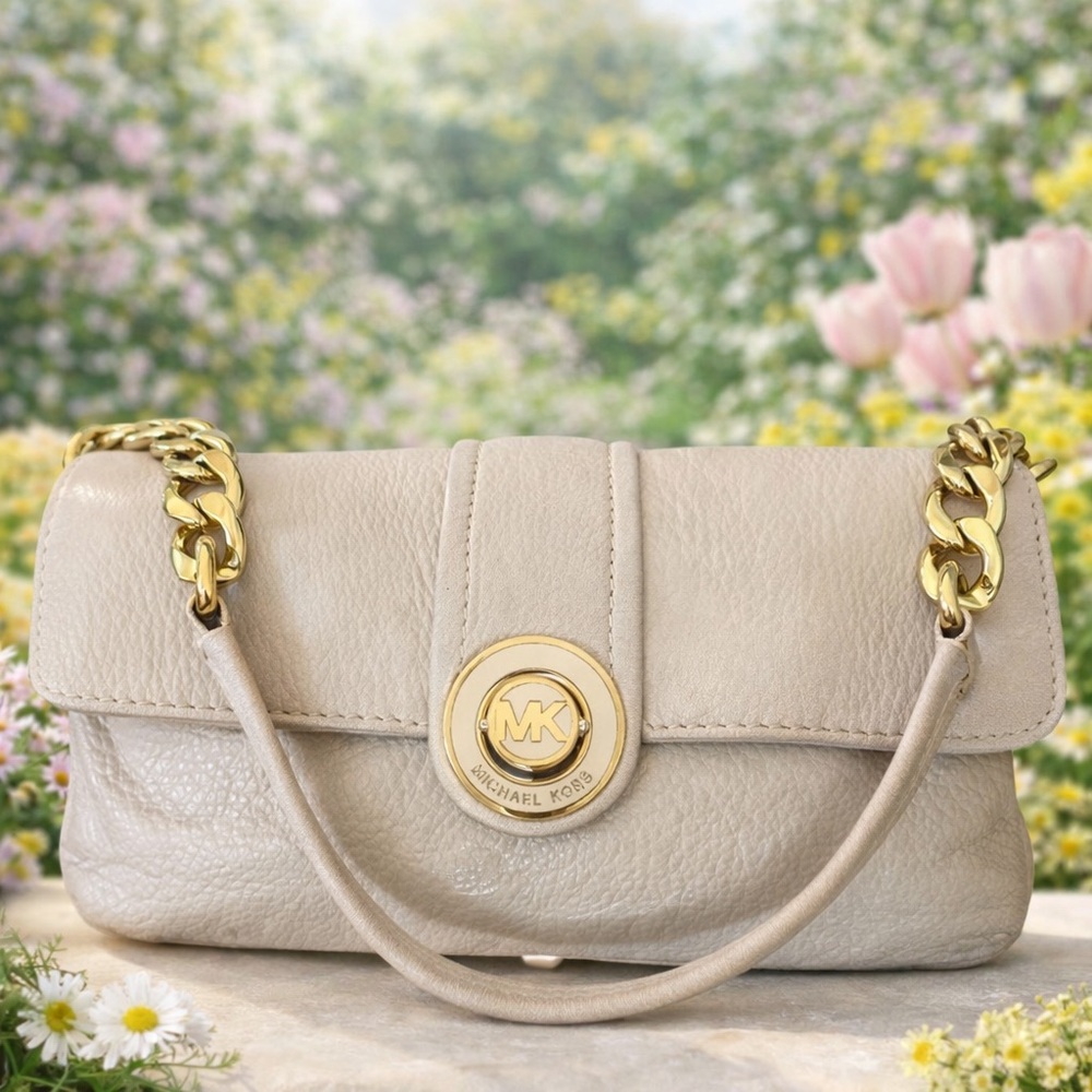 Michael Kors Cream Soft Pebbled Leather Shoulder Bag Gold Chain Turn Lock Ivory - Picture 5 of 12
